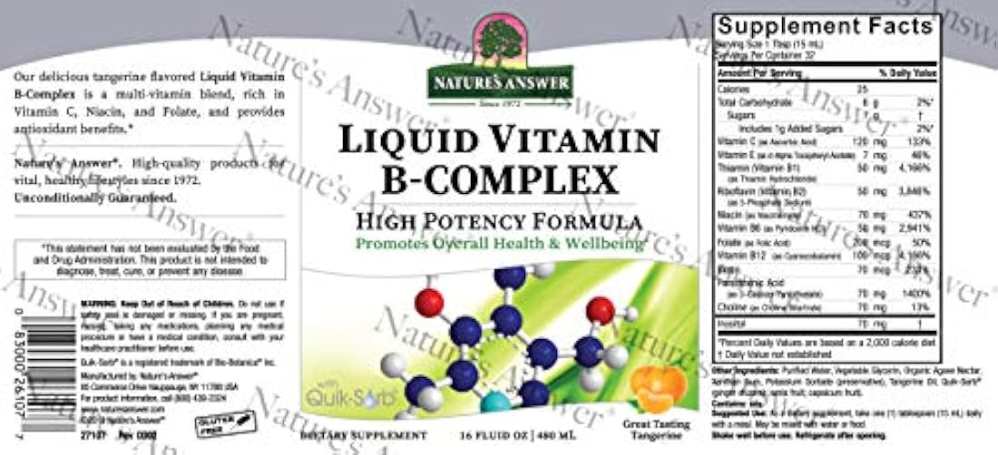 El complejo de vitamina B líquido de respuesta de la naturaleza soporta niveles de energía saludables | promueve una función nerviosa saludable | sabor de mandarina natural | sin gluten y sin benzoato 16 oz