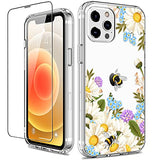 GiiKa Funda para iPhone 12 Pro Max con protector de pantalla, transparente de cuerpo completo a prueba de golpes de protección floral niñas mujeres caso duro con TPU parachoques cubierta teléfono caso para iPhone 12 Pro Max, flores blancas