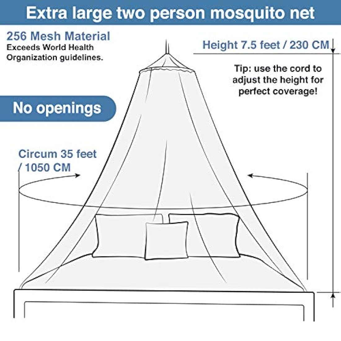 Mosquitera universal para mochileros, para camas individuales a King-Sized - 2 aberturas o toldo de cama totalmente cerrado - Diseño cónico para decoración o viaje - Bolsa gratis y kit de colgar para una fácil instalación