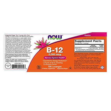 Suplementos NOW, B-12 2.000 mcg, Producción de Energía*, Salud del Sistema Nervioso*, 100 Pastillas