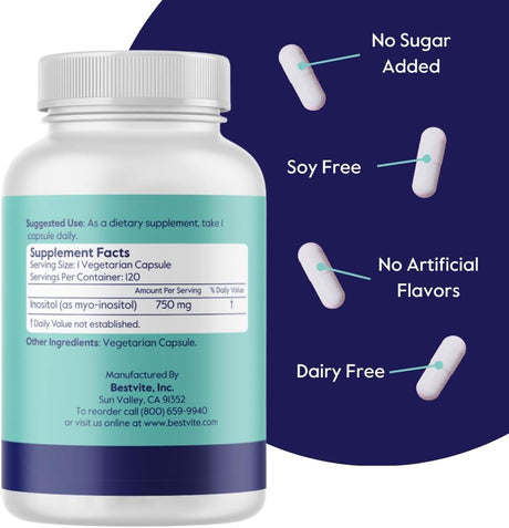 BESTVITE Inositol 750 mg Vegan, Sin Estearatos, 120 Cápsulas