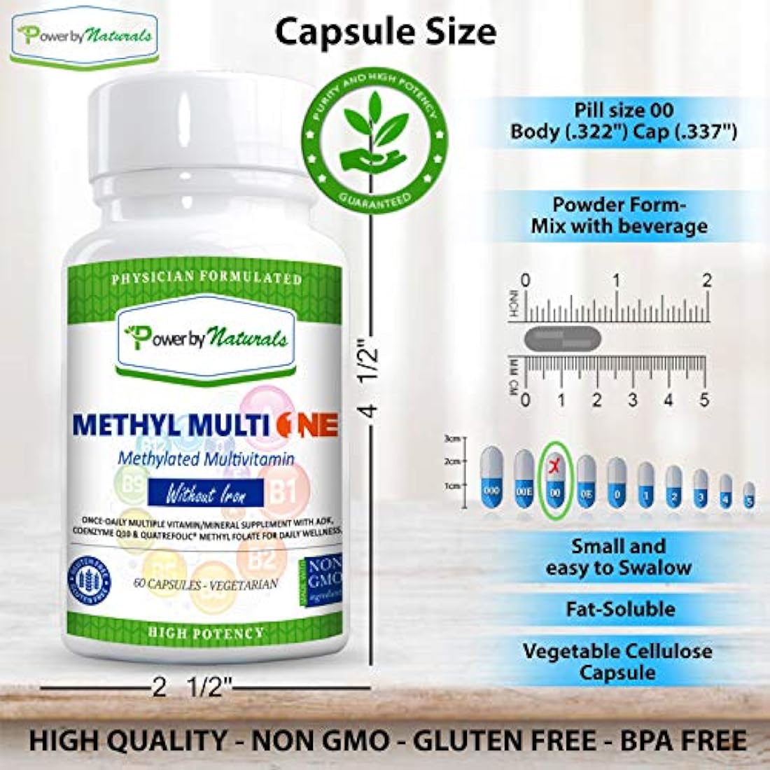 Power By Naturals - Methyl Multi One Without Iron - Once Daily MTHFR Support Supplement - Methylation Protect Methylated B12 Multivitamin with ADK, CoQ10, Quatrefolic Methylfolate - 60ct Vitamins