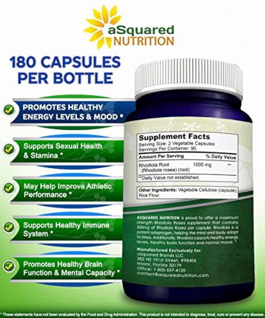 Rhodiola Rosea Suplemento puro 1000mg - 180 cápsulas veganas