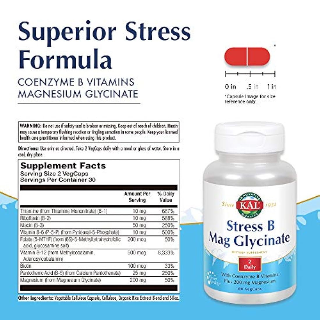 kal estrés B Mag glicinato, color blanco, 60 Count