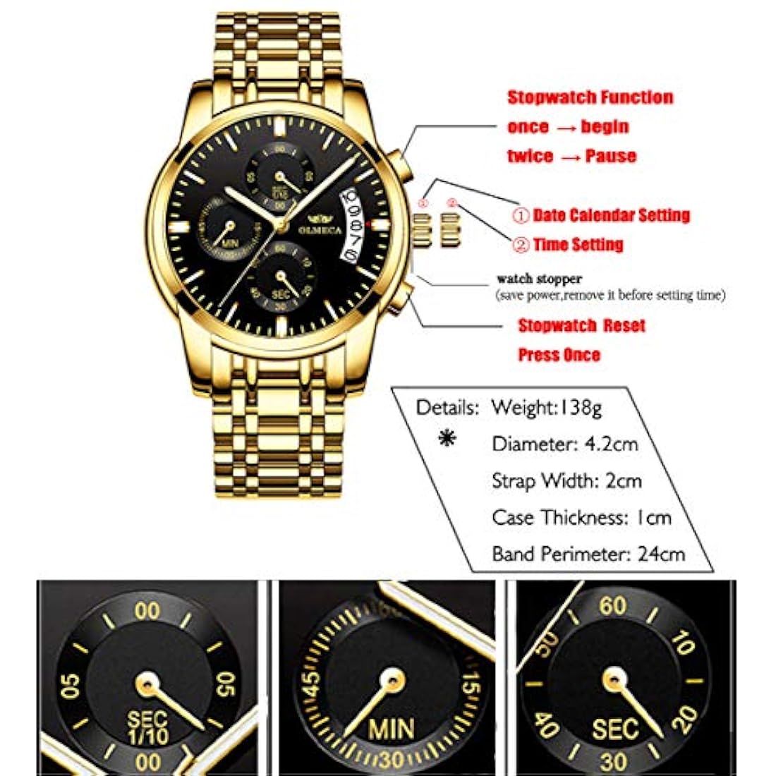 Relojes de pulsera para hombre de acero inoxidable dorado