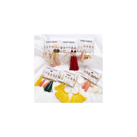 AROIC Juego de 55-93 pares de aretes bohemios coloridos con borla, aretes de hoja acrílica, aretes de aro de leopardo en capas para mujeres y niñas, fiesta de cumpleaños de San Valentín