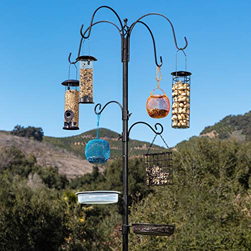 Best Choice Products Estación de alimentación para pájaros de 6 ganchos, kit de alimentación múltiple de acero para atraer pájaros silvestres con 4 comederos de pájaros, bandeja de malla, baño de pájaros, base de 5 puntas, color negro