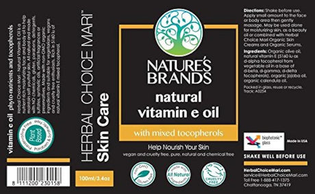 Aceite natural de vitamina E de Herbal Choice Mari (3.4 fl oz botella de vidrio) – fabricado con ingredientes orgánicos – sin productos químicos sintéticos tóxicos – Tamaño de viaje aprobado por la TSA