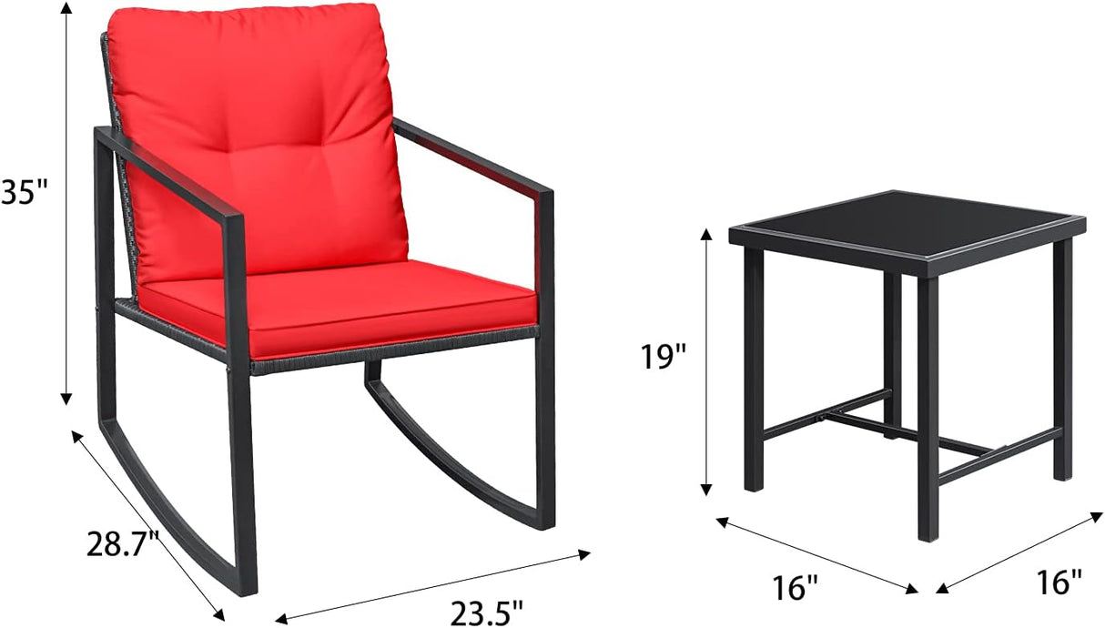 Greesum Juego de 3 piezas de mimbre mecedor, juegos de conversación de muebles de patio al aire libre con sillas de porche y mesa de café de cristal, color rojo
