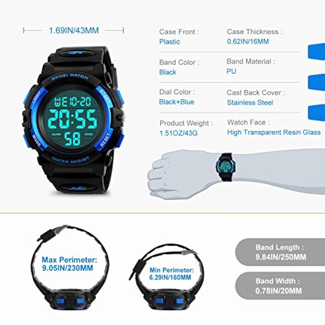 Reloj digital para niños y niñas resistente al agua