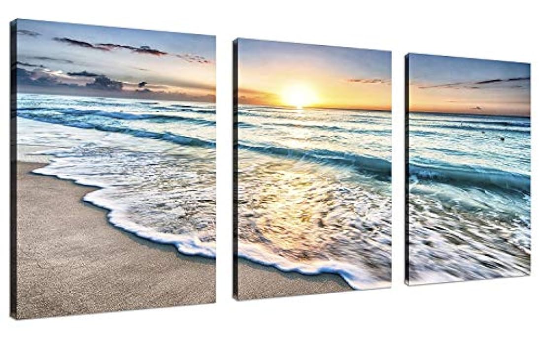 Tríptico de pared con pintura de puesta de sol en la playa