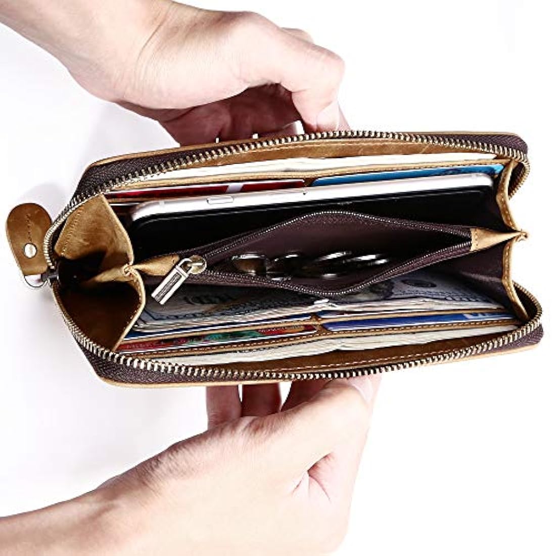 Cartera larga para hombre de piel auténtica con cierre