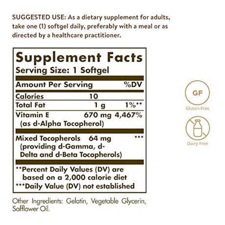 Solgar, Vitamina E, 1.000 IU de D-Alfa-Tocoferol Mixto y Cápsulas Blandas de Tocoferol Mixtas, 100 Unidades, E3561, 1, 1