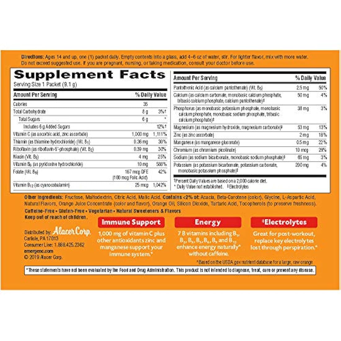 Mezcla para suplemento dietético bebible Emergen-C, con 0,035 oz de vitamina C, sin cafeína, 30 paquetes de 0.30 oz cada uno, sabor açaí, 255115, 1, 1