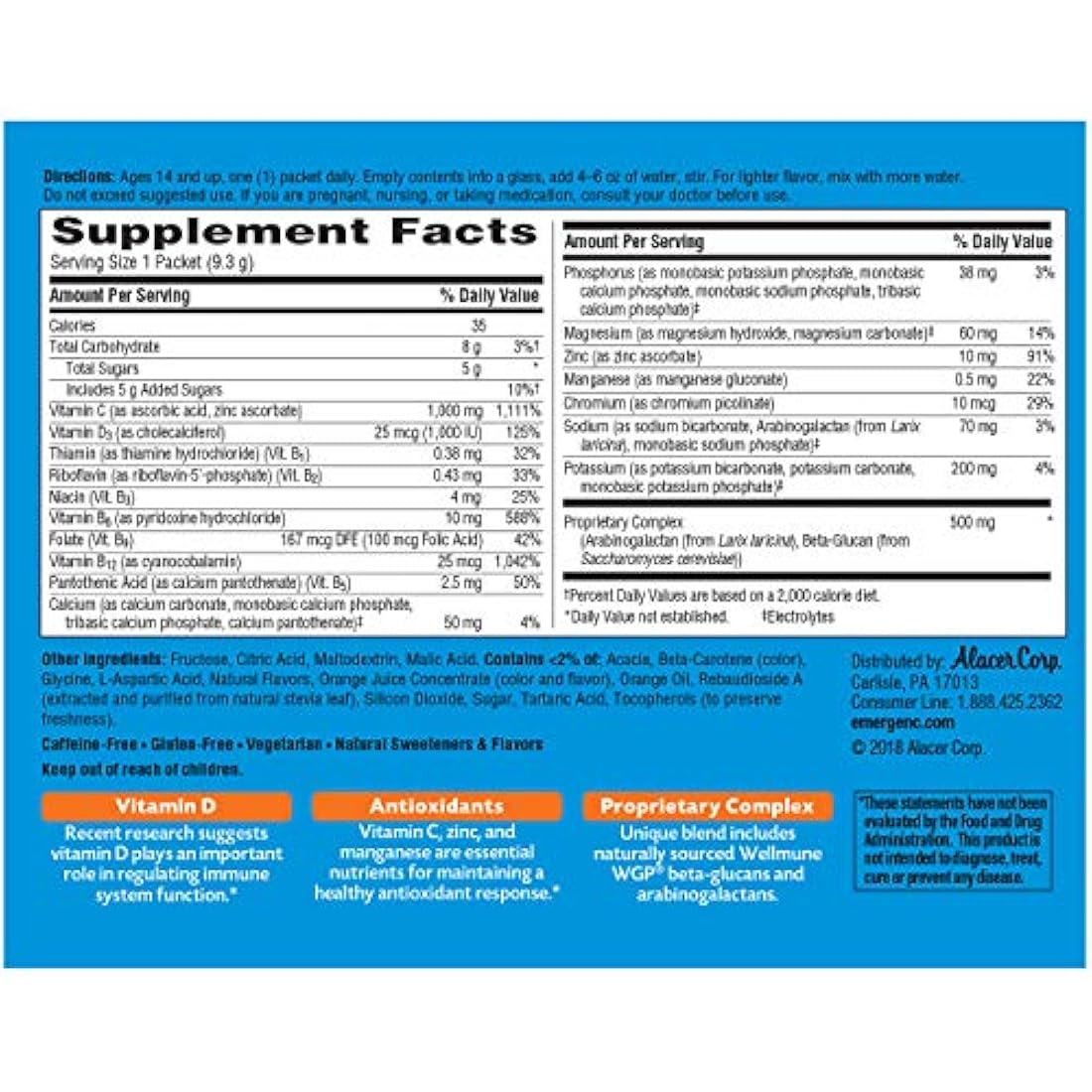 Sistema de apoyo inmunológico Emergen-C, suplemento dietario, bebida con vitamina D, 1000 mg de vitamina C, paquetes de 0.33 onzas (sabor naranja, 30 unidades)