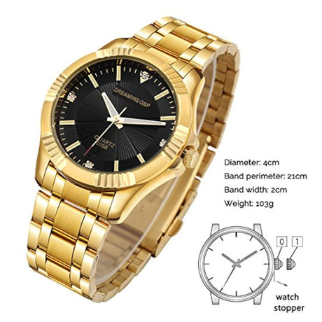 Reloj de acero inoxidable dorado, cristales estilo clásico