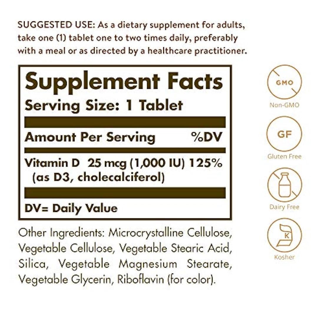 Solgar Vitamina D3 (Cholecalciferol) 25 mcg (1000 UI) tabletas – 90 unidades