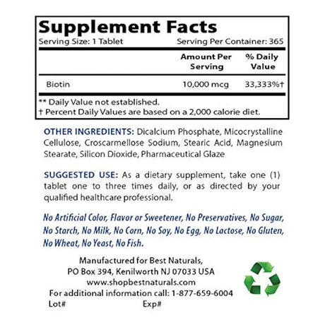 Best Naturals Biotina (también llamada vitamina B7), 10.000 mcg, 365 días de suministro (1 año de suministro), 365 tabletas