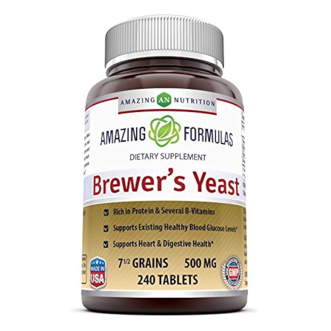 Amazing Nutrition Brewers tabletas de levadura, sin OMG, sin gluten) para una digestión saludable y salud cardíaca, 7.5 cápsulas de grano 500 mg 240 comprimidos