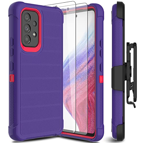 Leptech Funda para Samsung Galaxy A53 5G con protector de pantalla de cristal, [Serie Funda] Clip de cinturón protectora, resistente, resistente, resistente, resistente, militar, a prueba de golpes, cubierta para teléfono celular (morado)
