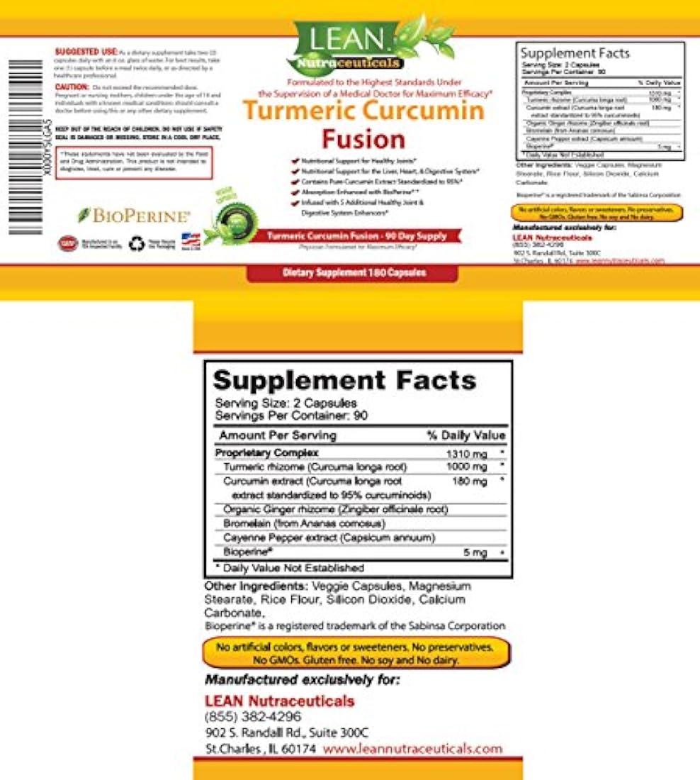 Cúrcuma Curcumina 180 ct con Bioperine Cápsulas 1310 mg