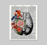 Lámina de cerebro humano sin marco con flores,diseño vintage