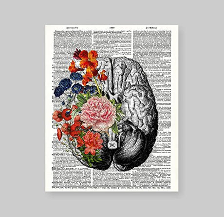 Lámina de cerebro humano sin marco con flores,diseño vintage