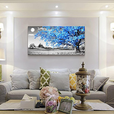 Arte de pared para sala de estar simple vida azul árbol luna