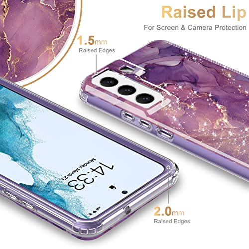ESDOT Funda para Samsung Galaxy S22, grado militar, prueba de caídas de 21 pies, funda resistente con diseños de moda para mujeres y niñas, funda protectora para Galaxy S22 de 6.1 pulgadas, mármol morado con purpurina