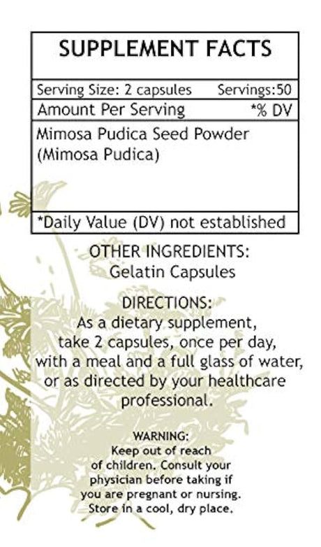 Mimosa 100 Cápsulas 500 mg Relleno, Polvo de Mimosa Pudica