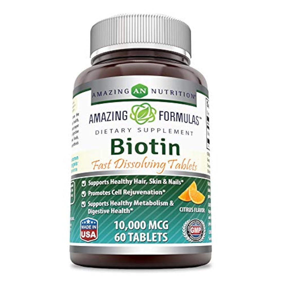 Amazing Formulas Biotin Tabletas de rápida disolución – 10000 MCG Tabletas (sin GMO, sin gluten) – Soporta cabello saludable, piel y uñas – Promueve el rejuvenecimiento celular – Soporta saludable (60 unidades, sabor cítrico)