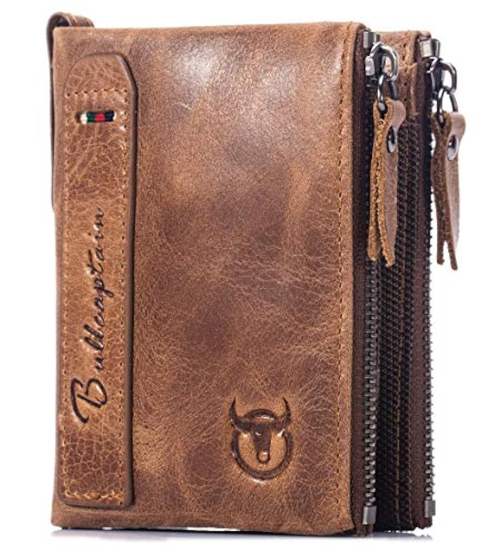bullcaptain Funda de piel tipo portafolios para hombres Bifold clásico con doble cierre bolsillos