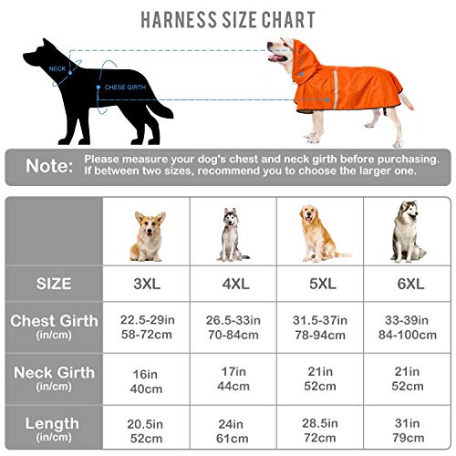 Impermeable para perros con correa ajustable para el vientre y agujero para correa, sudadera con capucha con tira reflectante, impermeable, ligero, transpirable, poncho de lluvia para perros medianos y grandes, fácil de usar, naranja, 3XL
