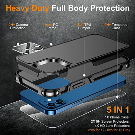 Funda resistente a prueba de golpes para iPhone 12/12 Pro, con [2 protectores de pantalla de vidrio + 2 protectores de lente de cámara, a prueba de polvo] [a prueba de caídas] [resistente y resistente protección de cuerpo completo] - Negro