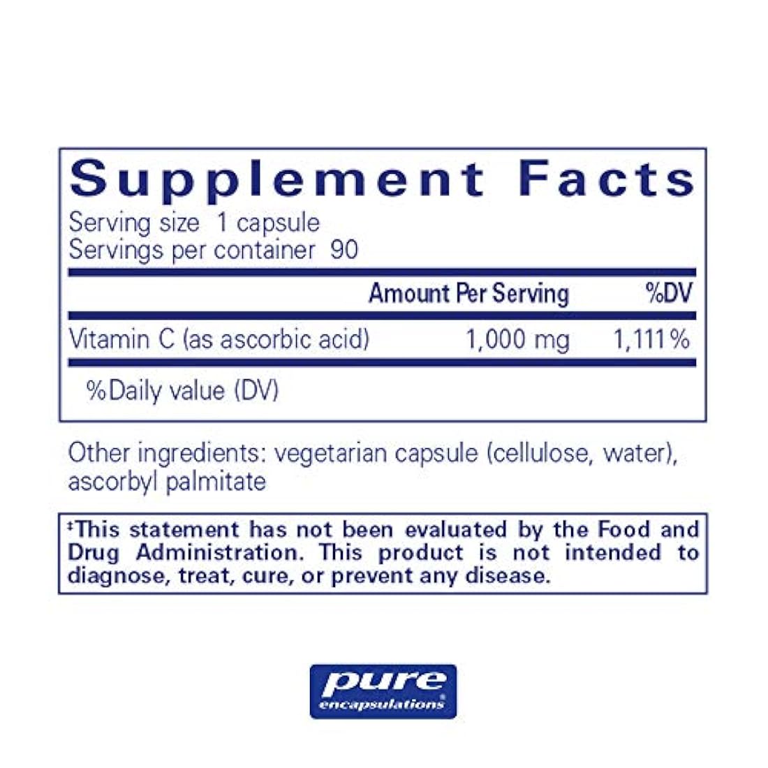 Encapsulaciones puras - Cápsulas de ácido ascórbico - Suplemento hipoalergénico de vitamina C para soporte antioxidante* - 90 cápsulas
