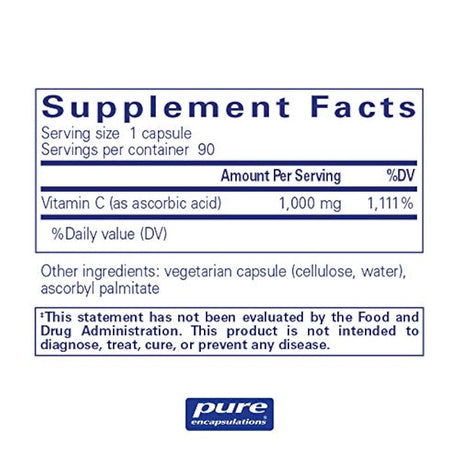 Encapsulaciones puras - Cápsulas de ácido ascórbico - Suplemento hipoalergénico de vitamina C para soporte antioxidante* - 90 cápsulas