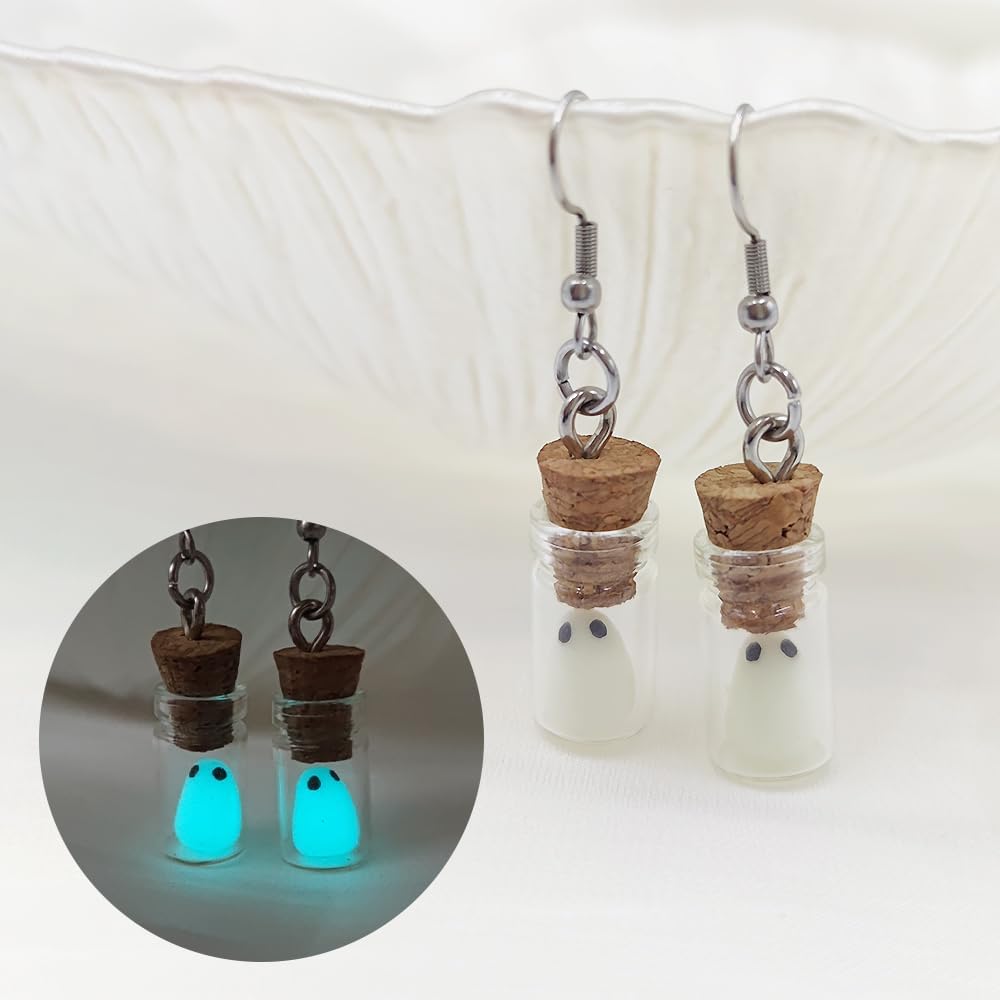 Pendientes Fantasma en Botella, Joyas Halloween, Brillantes