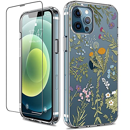 GiiKa Funda para iPhone 12 Pro Max con protector de pantalla, transparente de cuerpo completo a prueba de golpes de protección floral niñas mujeres caso duro con TPU parachoques cubierta teléfono caso para iPhone 12 Pro Max, flores verdes