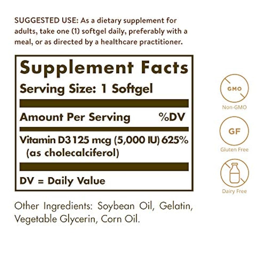 Vitamina D3 (Colecalciferol) 125 MCG (5000 UI), 100 cápsulas