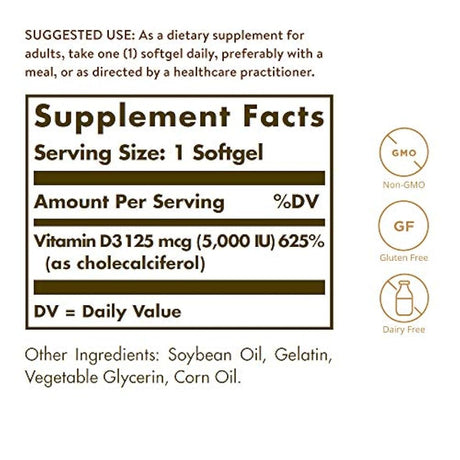 Vitamina D3 (Colecalciferol) 125 MCG (5000 UI), 100 cápsulas