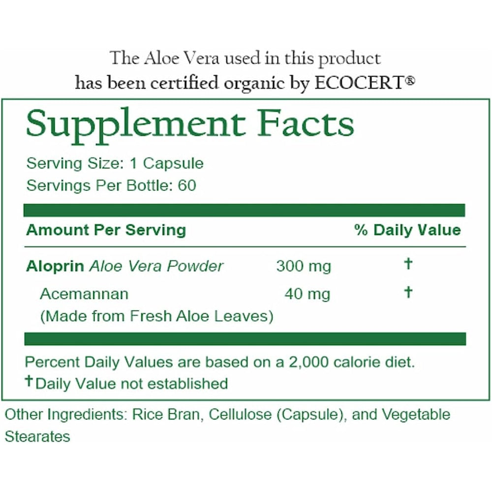 Suplementos orgánicas de aloe vera  60 cápsulas 130,000 mg
