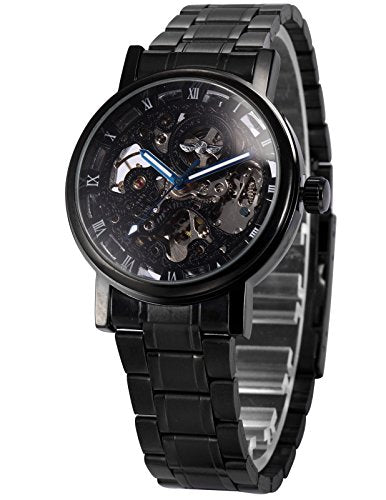 Reloj mecánico de cuerda de acero inoxidable negro