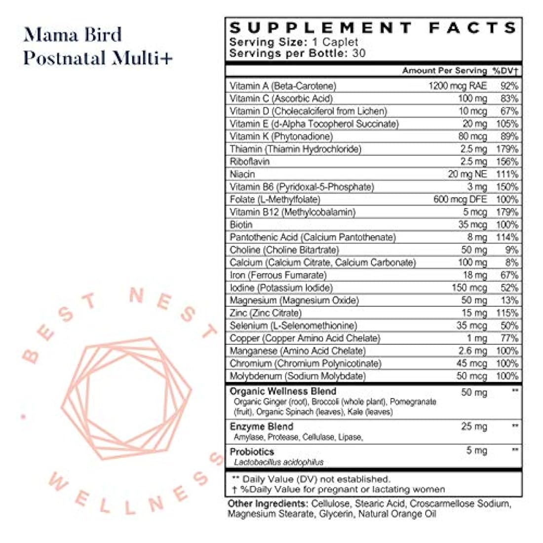 Best Nest Wellness - Mama Bird Postnatal -Vitamina posnatal, una vez al día, hecha con alimentos enteros, mezcla orgánica, L-metilfolato (ácido fólico) y metilcobalamina (B12), fácil de tragar, 100 % vitamina natural (30 unidades), 1