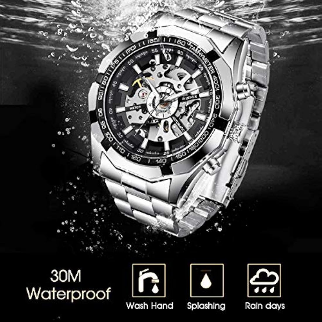 Relojes para hombre, esqueleto mecánico de acero inoxidable