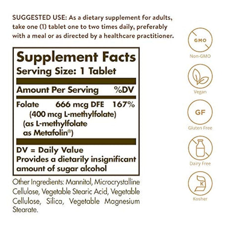 Solgar – Ácido Fólico como Metafolin 400 mcg., E1941, 100, 1, 1