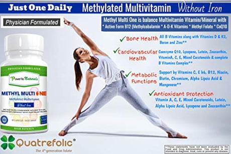 Power By Naturals - Methyl Multi One Without Iron - Once Daily MTHFR Support Supplement - Methylation Protect Methylated B12 Multivitamin with ADK, CoQ10, Quatrefolic Methylfolate - 60ct Vitamins