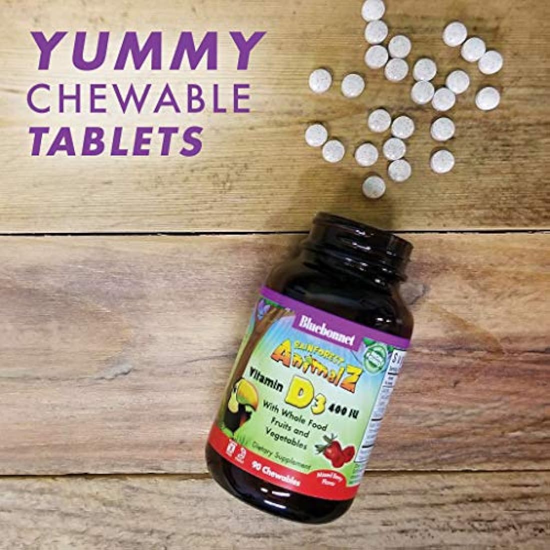 Bluebonnet Nutrition Rainforest Animalz Vitamina D3 400 IU Masticable Tableta, libre de soja, sin gluten, sin OMG, certificado Kosher, sin lácteos, vegetariano, 90 comprimidos, 90 porciones de sabor a bayas mixtas