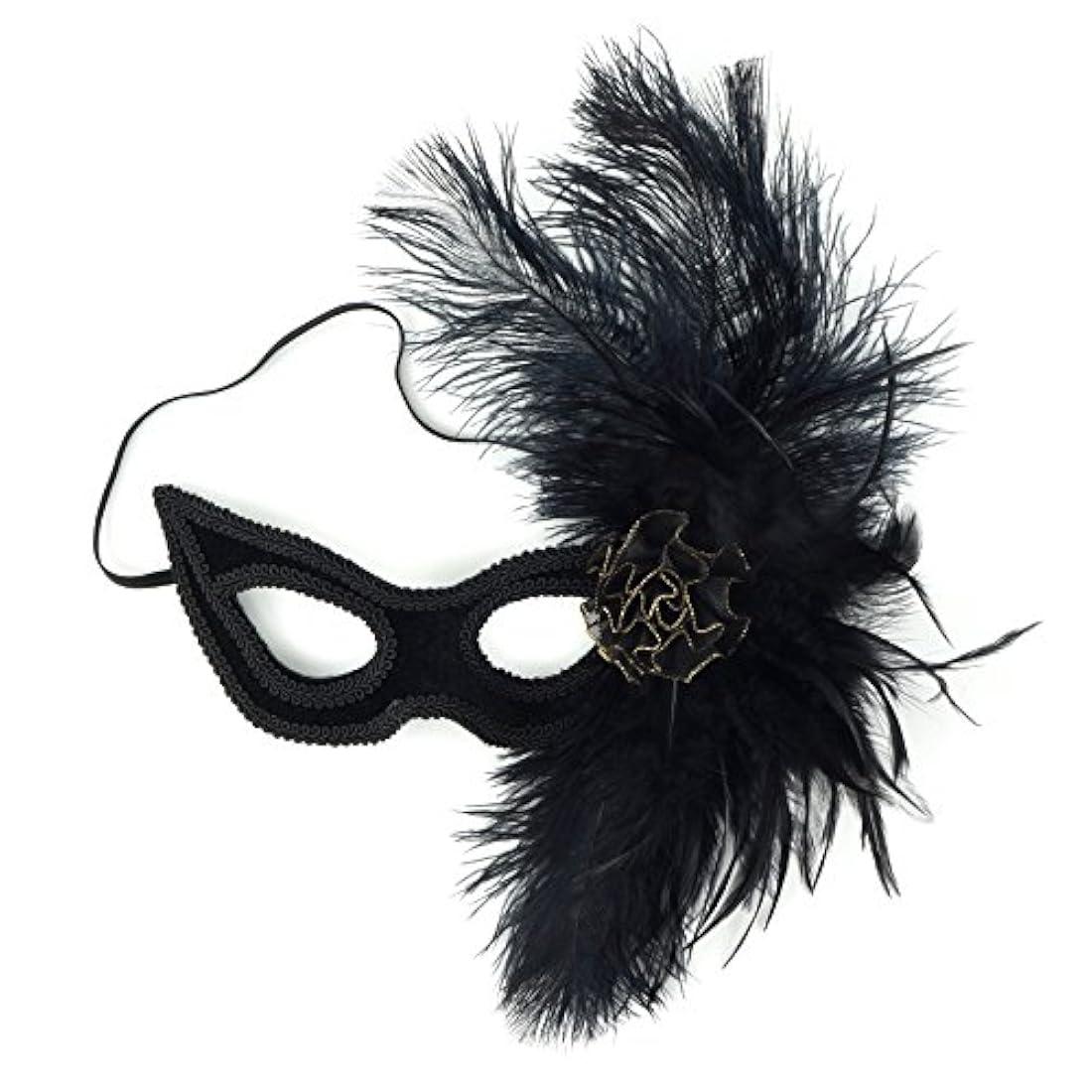 Máscara w/plumas de avestruz de terciopelo, color negro