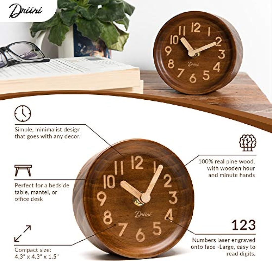 Reloj analógico de mesa y escritorio de madera