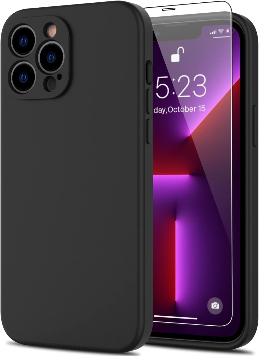 DEENAKIN Funda para iPhone 13 Pro Max con protector de pantalla, cubierta de goma de gel de silicona líquida suave y duradera para iPhone 13 Pro Max de 6.7 pulgadas, color negro